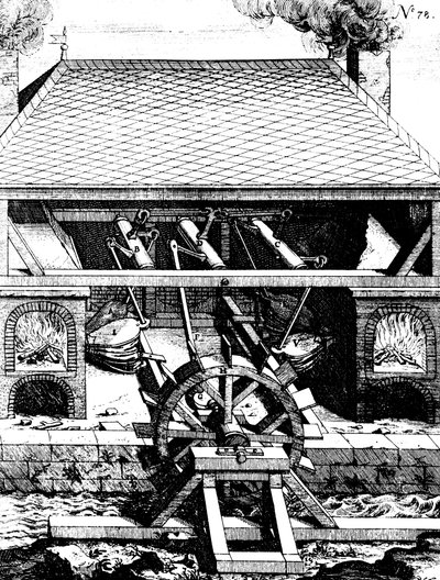 Kranklar aracılığıyla, altından çekilmiş bir su çarkı tarafından tahrik edilen körüklü dövme, 1673 by Unbekannt