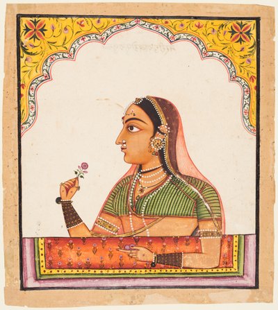 Bir dizi kadın portresinden: Jharoka penceresinde elinde gül tutan bir kadın, c. 1730. by Unbekannt