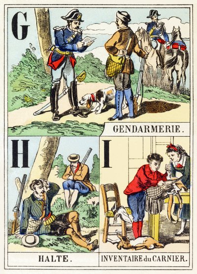 G H I: Jandarma, Halte, Inventaire du gamenier - Avcılık Alfabesi, c.1890 (gravür) by Unbekannt