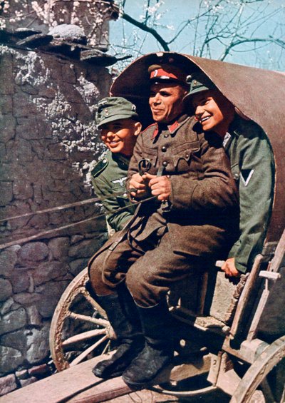 Bir Bulgar askeriyle bir arabada Alman alp birlikleri, Struma Vadisi, Bulgaristan, 1941 by Unbekannt
