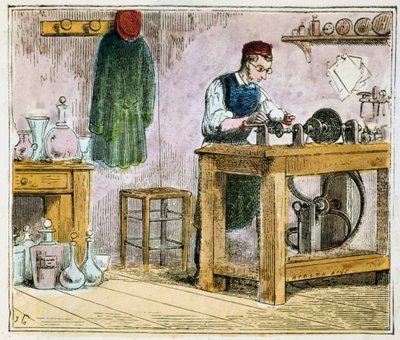 Bir carborundum çarkında sofra gereçlerini süsleyen cam kesici, 1867 by Unbekannt