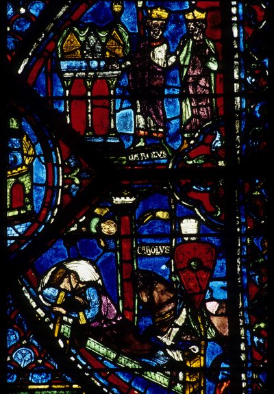 Gotik mimari. Histoire de Charlemagne (detay): Charlemagne (742-814) 3 av (yüksek) ve Vision of Constantine (I, imparator Bizans) alır. Kuzey ayaktan vitray, absidial. Chartres Katedrali. by Unbekannt