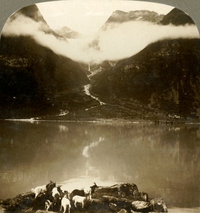 Grytereids buzulları, sakin Olden Gölü boyunca sürüklenen bulutların üzerinde parlıyor, Norveç, c1905. by Unbekannt