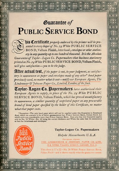 Kamu Hizmeti Teminatı Garantisi - Taylor-Logan Co. Kağıt yapımcıları reklamı, 1919 by Unbekannt