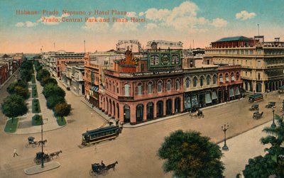 Havana: Prado, Neptuno ve Hotel Plaza. Prado, Central Park ve Plaza Otel, c1910 by Unbekannt