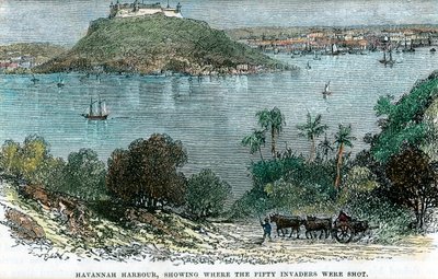 Elli işgalcinin vurulduğu yeri gösteren Havannah Limanı, Küba, c1880 by Unbekannt