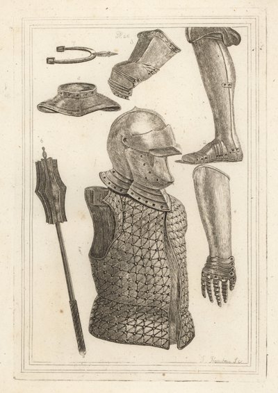 Miğfer ve brigandin 1, demir zırh veya bacak zırhı 2, John of Gaunt 3'e ait eldiven, demir eldiven 4, gorget 5, demir topuz 6, antika demir dikenli mahmuz 7 by Unbekannt