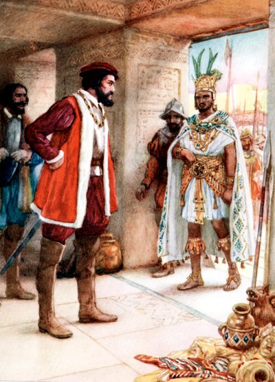 Hernan Cortes, Aztek İmparatoru Montezuma ile buluşuyor, 1519 by Unbekannt