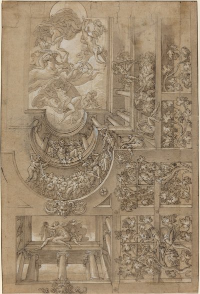 Üzüm Çardaklı İllüzyonist Tavan, Galerilerde Duran Figürler ve Merkez..., c. 1570158 by Unbekannt