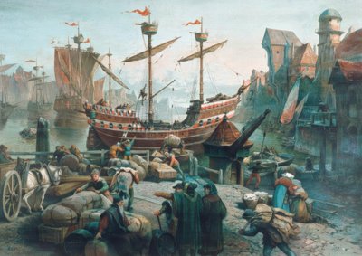 Bir Hansa şehrinin limanında by Unbekannt