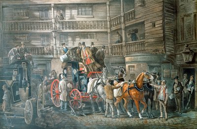 Posta Koçu ile Inn yard ayrılmaya hazırlanıyor, c1840 by Unbekannt