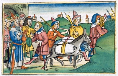 Joseph, kardeşlerini eve bedava yiyecek tedarik ederek gönderir, 15. yüzyıl by Unbekannt