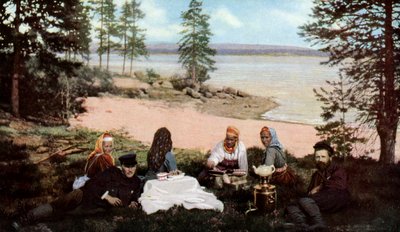Nehir kenarında çay içen Karelyalılar, Başmelek yakınlarında, Rusya, 1930