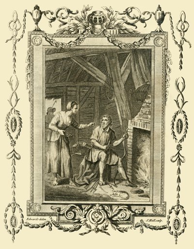 Kılık değiştirmiş Kral Alfred, Pastaların yanmasına izin verdiği için Temiz Sürüler Karısı tarafından azarlandı, c878, 1783. by Unbekannt