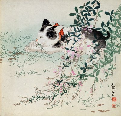 Çim ve yeşillik çiçeklerde yavru kedi - Japonca baskı by Unbekannt