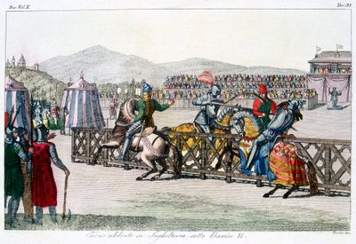 Bir turnuvada mızrak dövüşü yapan şövalyeler, 12. yüzyıl, c1815 by Unbekannt