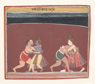 Krishna ve Balarama, Kötü Kral Kamsas Güreşçileriyle Savaşıyor..., ca. 1650. by Unbekannt