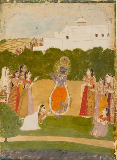 Flüt çalan bir nehrin yanında Krishna, c1720 by Unbekannt