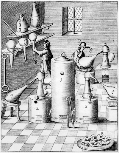 Altın ve gümüşün rafine edilmesi için laboratuvar, tipik laboratuvar ekipmanını gösteren, 1683 by Unbekannt