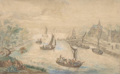 Merkezde Nehir ile Manzara, Feribot, 18. yüzyıl. by Unbekannt