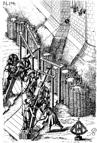 Kuşatma kanonunu hedefe yerleştirme, Le farklı et artificiose makinesinden, 1620 by Unbekannt