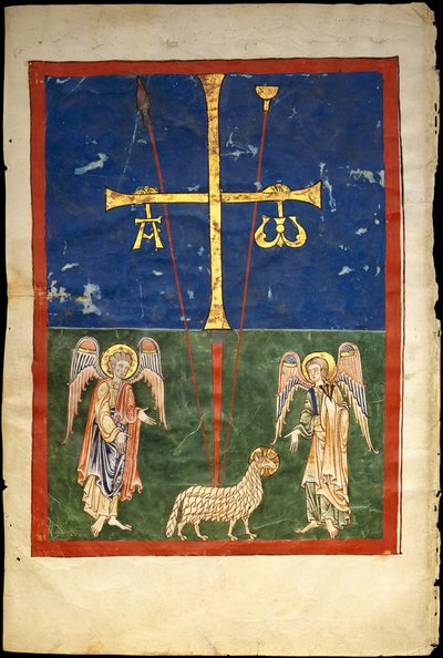 Bir Beatus El Yazmasından Yaprak: Çarmıhın Altındaki Kuzu, İki Meleğin Yanında..., c1180. by Unbekannt