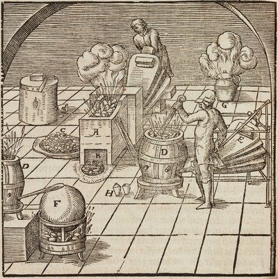 Bakır analiz ekipmanı - Lazarus Ecker tarafından Cevherlerin Tanımı ve Madenciliğin Temel Yöntemlerinden Gravür by Unbekannt
