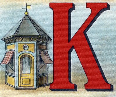 K harfi: kiosk. "Alphabet de ma petite fille" gravürü. Bernardin-Bechet ve Fils, kitapçı-yayıncılar, Paris, 1895 civarı. Tuval üzerine kırılmaz albüm. Bibliotheque des Bebes. 12 sayfa. Bir okuma yöntemi ve açıklayıcı bir abecedar içeren albüm by Unbekannt