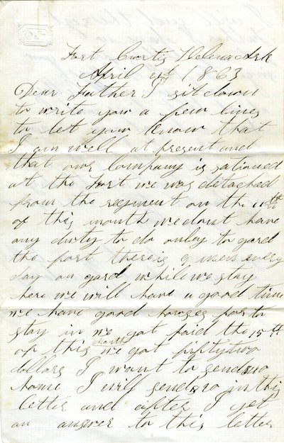 David T. Massey, Fort Curtis, Helena, Ark. tarafından babasına (Nathan Massey) imzalı mektup, 21 Nisan 1863 by Unbekannt