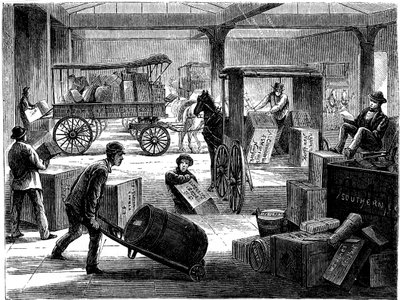 Wells Fargo genel ofisinde atlı minibüslere yükleme, New York, ABD, 1875 by Unbekannt