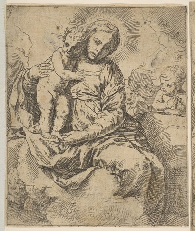 Bulutların üzerinde oturan ve meleklerle çevrili Madonna ve Çocuk, tersten kopyalayın..., ca.1639 veya sonra. by Unbekannt
