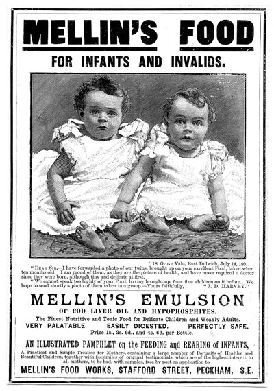 Morina karaciğeri yağı bazlı bir gıda takviyesi olan Mellins Emulsion için dergi reklamı, c1890 by Unbekannt