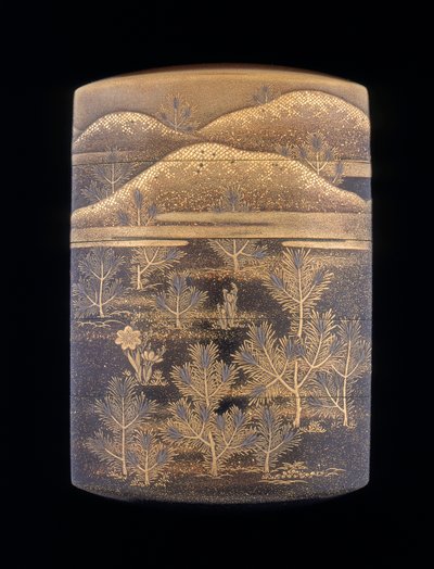 Stilize çam ağaçları ve tepelerle süslenmiş Makie lake inro, geç Edo dönemi, Japonya, 1750-1850 by Unbekannt