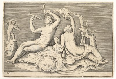 Lionskin Üzerinde İki Flüt Çalan Adam ve Kadın, yayınlanmış ca. 1599-1622. by Unbekannt