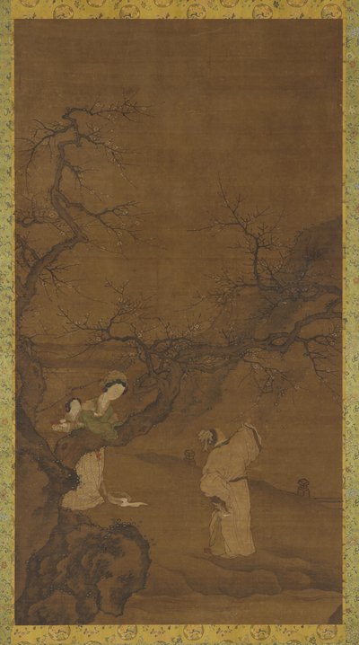 Erkek ve kadın erik çiçeklerinin tadını çıkarıyor, Ming veya Qing hanedanı, 15.-18. yüzyıl. by Unbekannt