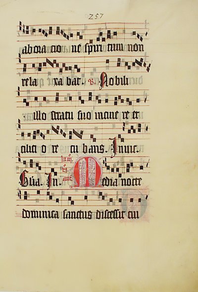 Bir Antiphonary, Almanca, 15. yüzyılın ikinci çeyreğine ait Baş Harfi M ile El Yazması Yaprağı. by Unbekannt