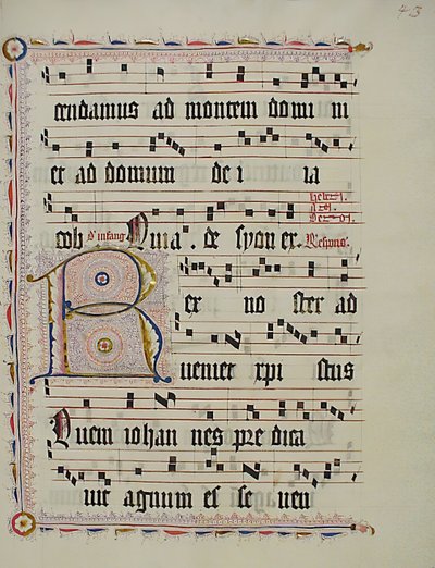 Bir Antiphonary'den, Almanca, 15. yüzyılın ikinci çeyreğinden baş harfi R olan El Yazması Yaprağı. by Unbekannt