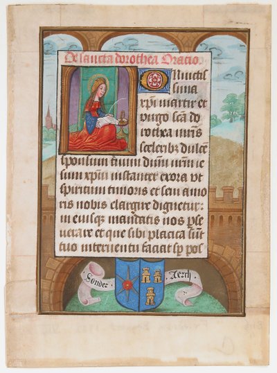 El Yazması Leaf with Saint Dorothy, Bir Saatler Kitabından, yakl. 1500. by Unbekannt