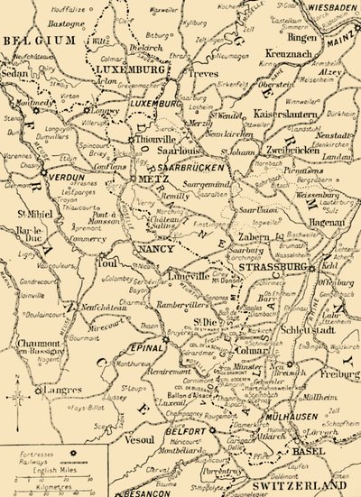 Fransa ve Almanya, Birinci Dünya Savaşı, c1915, c1920 arasındaki sınırı gösteren harita. by Unbekannt