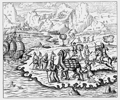 Deveyle kıyıya mal taşıyan tüccarlar ve bekleyen bir gemi, 1575 by Unbekannt