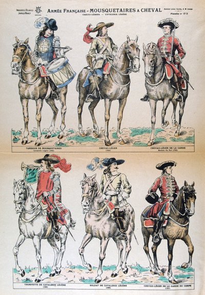 Mousquetaires bir Cheval 17. Yüzyıl. Fransız ordusu üniformaları. Renkli Litograf. Özel koleksiyon by Unbekannt