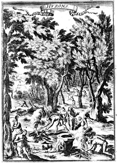 Kuzey Amerika Huron Kızılderilileri ormanlık alanda avlanıyor ve yemek hazırlıyor, 1686 by Unbekannt