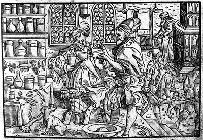 Bir adamın kafasına operasyon. Gönderen: Theophrastus Bombastus von Hohenheim tarafından yazılan büyük yara ilacı, 1562 by Unbekannt