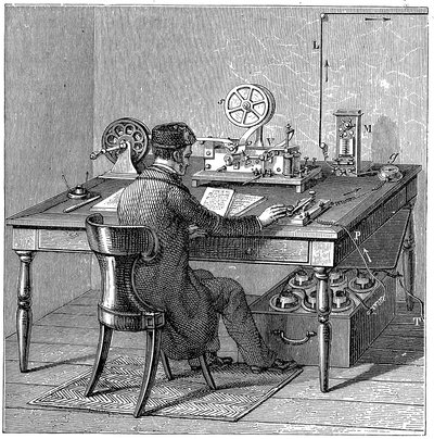 Mors elektrikli baskı telgrafına mesaj gönderen operatör, 1887 by Unbekannt