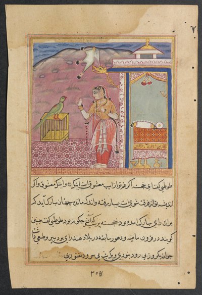 Bir Papağan Masallarından Sayfa Tuti-nama: Kırk dördüncü gece: Papağan adresleri..., c. 1560. by Unbekannt