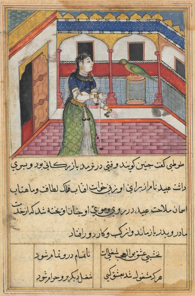 Bir Papağan Masallarından Sayfa Tuti-nama: Kırk ikinci gece: Papağan adresleri..., c. 1560. by Unbekannt