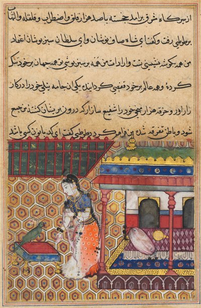 Bir Papağan Masallarından Sayfa Tuti-nama: Otuz sekiz gece: Papağan Khujasta, c1560