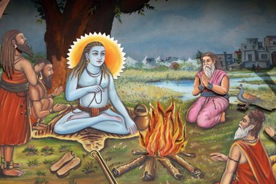 Müritleri tarafından çevrili kutsal bir adamı (Shiva gibi bir kaplanın derisi üzerinde oturan) tasvir eden resim Haridwar Hindistan by Unbekannt