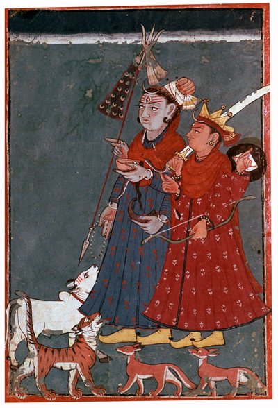 Bir boğa, kaplan ve çakal eşliğinde tanrılar Shiva ve Krishna
