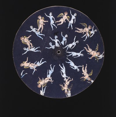 Bir aşk tanrısı ve iki kızı gösteren Phenakistiscope (Phenakistoscope) diski, c 1830 by Unbekannt